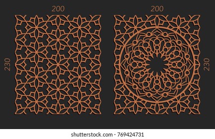 Laser-Schneidsatz. Holzschnitt-Vektortücher-Paneele. Sperrholzlaserschnitt im Blumendesign. Sechskantlose Muster für Druck, Gravieren, Papierschnitt. Stencil Gitterschmuck.