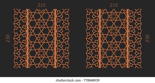 Laser cutting set. Woodcut vector trellis panels. Plywood lasercut floral design. Striped seamless patterns for printing, engraving, paper cut. Stencil lattice ornaments.