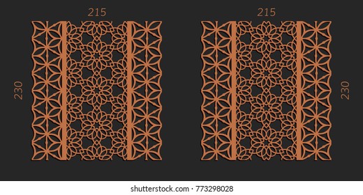 Laser cutting set. Woodcut vector trellis panels. Plywood lasercut floral design. Striped seamless patterns for printing, engraving, paper cut. Stencil lattice ornaments.
