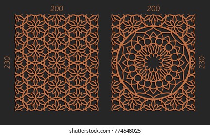 Laser cutting set. Woodcut vector trellis panels. Plywood lasercut floral design. Hexagonal seamless patterns for printing, engraving, paper cut. Stencil lattice ornaments.