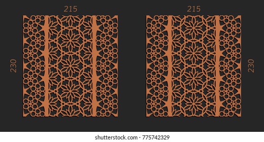 Laser cutting set. Woodcut vector trellis panels. Plywood lasercut floral design. Striped seamless patterns for printing, engraving, paper cut. Stencil lattice ornaments.