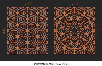 Laser cutting set. Woodcut vector trellis panels. Plywood lasercut floral design. Hexagonal seamless patterns for printing, engraving, paper cut. Stencil lattice ornaments