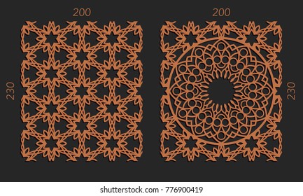 Laser cutting set. Woodcut vector trellis panels. Plywood lasercut floral design. Hexagonal seamless patterns for printing, engraving, paper cut. Stencil lattice ornaments.