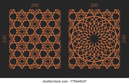Laser cutting set. Woodcut vector trellis panels. Plywood lasercut floral design. Hexagonal seamless patterns for printing, engraving, paper cut. Stencil lattice ornaments