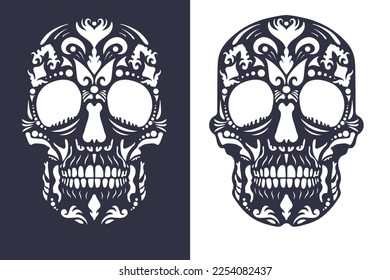 Laser Schneiden Schädel Tag der Toten. Dia de los muertos Mexikanische Zuckerskultur Design Element für Logo, Etikett, Emblem, Zeichen, Plakat, T-Shirt Dekorative Schablone zum Laserschneiden von Holz, Metall, Kunststoff