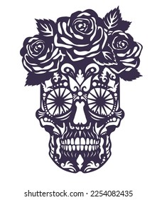 laser cutting skull and roses Day of the dead. Dia de los muertos  Design element for logo, label, emblem, sign, poster, t shirt Decorative stencil for laser cutting of wood, metal, plastic