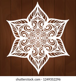 Laser cutting snowflake. Merry Christmas decoration for xmas tree. Snowlake for paper cutting, wood carving and christmas decorations. Christmas snow decore. Vector snowflake illustration