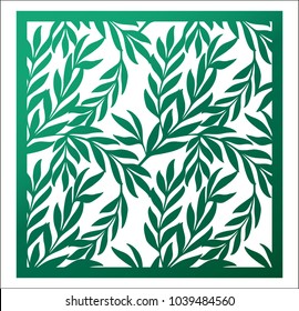 Laser cutting square panel. Openwork natural pattern with branches and leaves. Vector design template for paper cutting, wood, metal and woodcut.