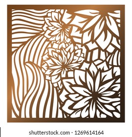 Laser cutting square panel. Openwork floral pattern with flowers and leaf. Perfect for silhouette ornament, wall art, screen, panel fence, partition, gate, coaster. Vector design template for cutting