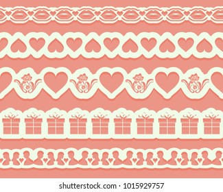 Laser cutting stencil borders for decoration, design cards, interior decorative elements. Set of seamless lace ribbons for Valentines day. Vector illustration
