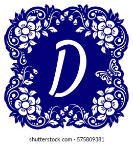 Laser cutting template alphabet. Openwork card with flowers, leaves, buds, swirls, butterfly. Carved edges and letter D in middle. 1:1 ratio, square size 15*15 sm default. Vector illustration.