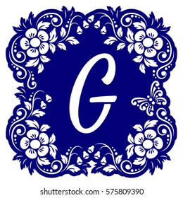 Laser cutting template alphabet. Openwork card with flowers, leaves, buds, swirls, butterfly. Carved edges and letter G in middle. 1:1 ratio, square size 15*15 sm default. Vector illustration.