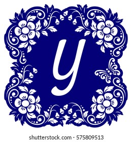 Laser cutting template alphabet. Openwork card with flowers, leaves, buds, swirls, butterfly. Carved edges and letter Y in middle. 1:1 ratio, square size 15*15 sm default. Vector illustration.