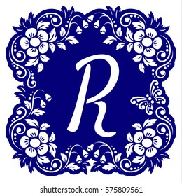 Laser cutting template alphabet. Openwork card with flowers, leaves, buds, swirls, butterfly. Carved edges and letter R in middle. 1:1 ratio, square size 15*15 sm default. Vector illustration.