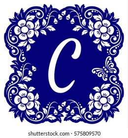 Laser cutting template alphabet. Openwork card with flowers, leaves, buds, swirls, butterfly. Carved edges and letter C in middle. 1:1 ratio, square size 15*15 sm default. Vector illustration.