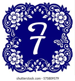 Laser cutting template alphabet. Openwork card with flowers, leaves, buds, swirls, butterfly. Carved edges and letter F in middle. 1:1 ratio, square size 15*15 sm default. Vector illustration.
