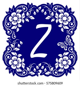 Laser cutting template alphabet. Openwork card with flowers, leaves, buds, swirls, butterfly. Carved edges and letter Z in middle. 1:1 ratio, square size 15*15 sm default. Vector illustration.
