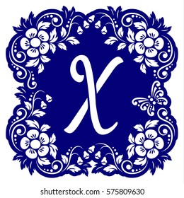 Laser cutting template alphabet. Openwork card with flowers, leaves, buds, swirls, butterfly. Carved edges and letter X in middle. 1:1 ratio, square size 15*15 sm default. Vector illustration.