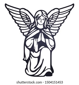 Laser cutting template. Angel in reverent prayer. Ornate stencil for baptism. Die cut black and white silhouette. Paper cutout. Icon. Logo. Vector illustration for wedding invitation, birthday card.