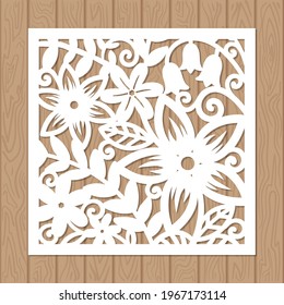 Laser cutting template. From any materials. Flowers leaves. Square composition. Suitable for the design of cards, greetings, invitations, menus. interior elements. Vector