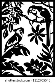 Laser cutting template. Ara parrot and cockatoo with palm leaves on white background. Rain forest motif. Tropical vector illustration with birds. Die cut invitation or greeting card. Paper silhouette
