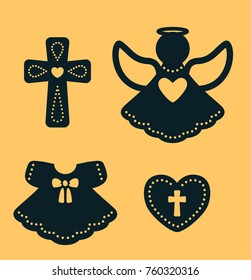 Laser cutting template. Baptism set: cross, angel, heart, cloth. Pattern for baby shower, baptism, birthday card, scrapbooking, easter. Silhouette for wood carving card. Die cut. Icon.