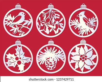 Laser Cutting Template. Big Set Of Christmas Decorations - Balls With Bird, Mistletoe, Fir Branch, Pine Cone, Holly Berry, Poinsettia. Paper Cut Out New Year Theme. Vector Illustration