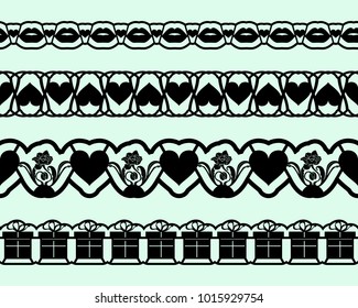 Laser cutting template borders for design cards invitations, interior decorating, elements embellishment. Set of seamless lace tapes for Valentines day. Vector illustration