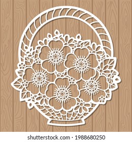 Laser cutting template. A bouquet of flowers in a basket. For cutting from any material. For the design of cards, wedding invitations, decorations, interior elements, silk-screen printing, plotter and