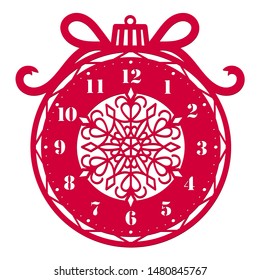 Laser cutting template. Christmas ball with clock face. Dial with arabic numeral. Silhouette of clock on white background. Christmas design. Decor for home. Vector watch for wood carving. Paper cutout