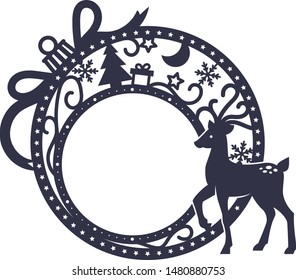 Laser cutting template. Christmas ball with a deer in winter magic forest. Silhouette. Christmas design for photo frame. Decor for home. Vector illustration for wood carving, paper cut or printing.