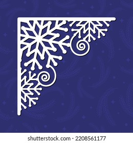 Laser cutting template of Christmas corner with snowflakes. Silhouette of openwork corner with lace ornament. Xmas tree decoration for wood cut out. Vector illustration on blue background.