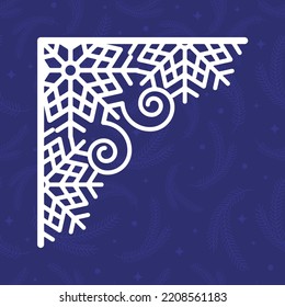 Plantilla de corte láser de la esquina de Navidad con copos de nieve. Silueta de esquina abierta con adorno de encaje. Decoración de árboles de Navidad para cortar madera. Ilustración vectorial sobre fondo azul.