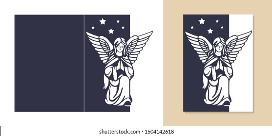 Laser cutting template. Christmas hold card with carved openwork angel. Angel in reverent prayer. Ornate stencil for baptism. Die cut black and white silhouette.