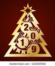 Laser cutting template. Christmas tree and balls with number 2019, bow and ribbon. Xmas decoration. Paper cut out vector illustration. Happy New Year silhouette design.