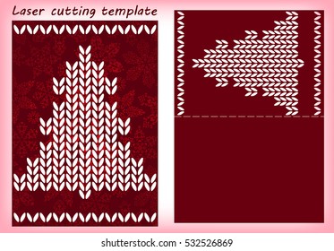 Laser cutting template with christmas tree made of traditional knitted texture. For greeting cards, invitations. Card size 148 mm x 105 mm. Vector illustration.