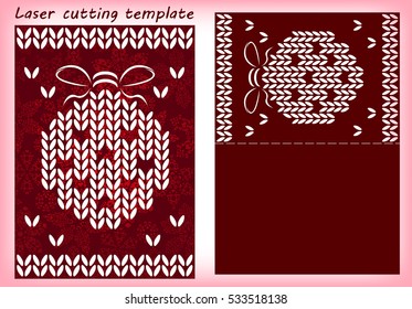 Laser cutting template with christmas tree bauble made of traditional knitted texture. For greeting cards, invitations. Card size 148 mm x 105 mm. Vector illustration.
