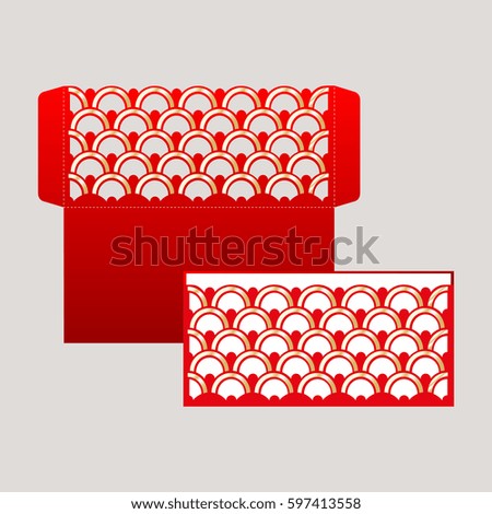 Laser cutting template of cover. Red openwork envelope with a gold decor in the form of scales.