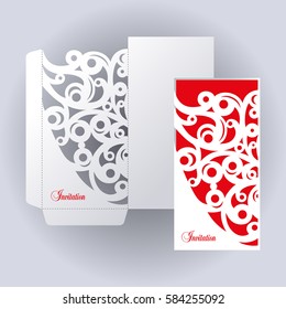 Laser cutting template cover for wedding design. White envelope with an openwork pattern for invitation and card.
