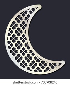Laser cutting template. Crescent moon holiday symbol. Christmas carved openwork moon. Silhouette for wood carving. Ramadan Kareem filigree moon card in vector format. Die cut. Stencil.
