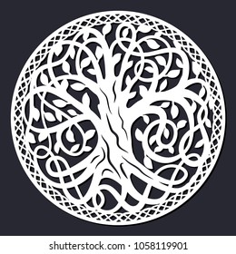 Laser cutting template. Decorative celtic tree of life with circular border.  Paper cutout art. Vector silhouette. Wood cutting design. Family tree. Die cut decoration.