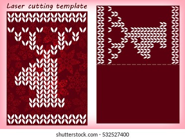 Laser cutting template with deer made of traditional knitted texture. For greeting cards, invitations. Card size 148 mm x 105 mm. Vector illustration.