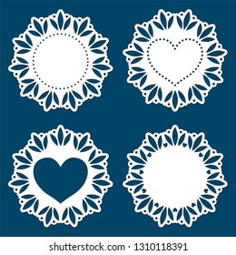 Laser cutting template. Doily under the cake. Set of white lace doilies with hearts. Decorative paper cut out design. Greeting valentines card with openwork border. Round wedding vector illustration.