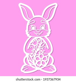 Laser cutting template. Easter bunny holds an egg in its paws. For cutting from any materials. For the design of cards, invitations, menus, congratulations, interior details. Vector