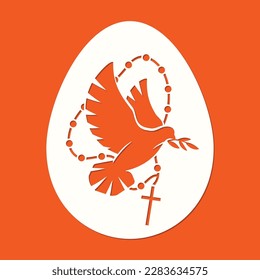 Laser cutting template. Easter egg paper cut. Dove and rosary beads with a cross in the shape of an egg. A symbol of peace. Stencil. Pigeon flying vector silhouette. 