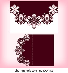 Laser cutting template envelope card with snowflakes ornament. For christmas greeting cards, envelopes, invitations. Size 150 mm x 100 mm. Vector illustration.