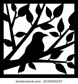 Laser cutting template featuring an elegant black silhouette of a bird perched on a branch with delicate leaves. Perfect for creating jewelry, decorative items, gifts, wall decoration.