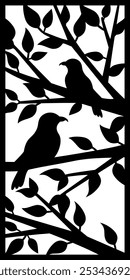 Laser cutting template featuring an elegant black silhouette of a bird perched on a branch with delicate leaves. Perfect for creating jewelry, decorative items, gifts, wall decoration.