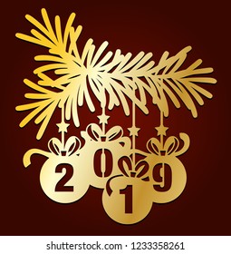 Laser cutting template. Fir branch and hanging Christmas balls with number 2019, bow and ribbon. Xmas decoration. Paper cut out vector illustration. Happy New Year silhouette design.