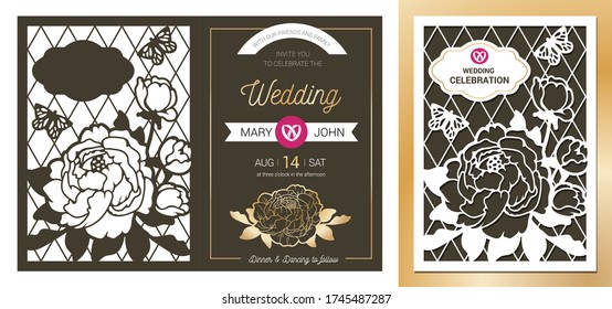 Laser cutting template floral card. Trendy paper art card with luxury gold wedding invitation. Fold lace decor panel with peony and butterfly openwork vector silhouette. Die cut for Valentine's day.